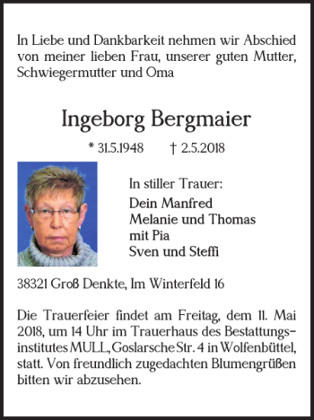 Traueranzeige von Ingeborg Bergmaier von Wolfenbütteler Zeitung