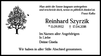 Traueranzeige von Reinhard Szyrzik von Salzgitter Zeitung