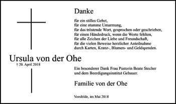 Traueranzeige von Ursula von der Ohe von Wolfsburger Nachrichten