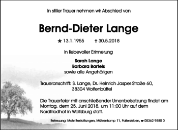 Traueranzeige von Bernd-Dieter Lange von Wolfsburger Nachrichten