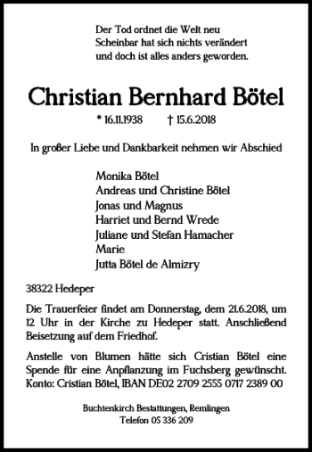 Traueranzeige von Christian Bernhard Bötel von Wolfenbütteler Zeitung