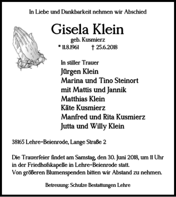 Traueranzeige von Gisela Klein von Braunschweiger Zeitung