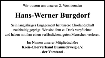 Traueranzeige von Hans-Werner Burgdorf von Braunschweiger Zeitung