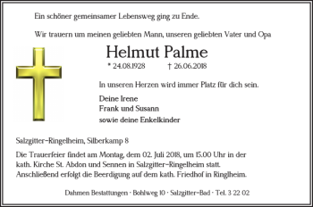 Traueranzeige von Helmut Palme von Salzgitter Zeitung