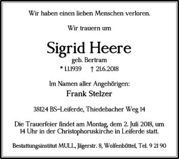 Traueranzeige von Sigrid Heere von Braunschweiger Zeitung