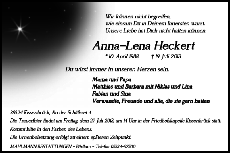  Traueranzeige für Anna-Lena Heckert vom 25.07.2018 aus Wolfenbütteler Zeitung