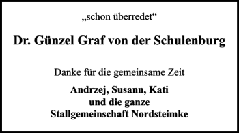 Traueranzeige von Dr. Günzel Graf von der Schulenburg  von Wolfsburger Nachrichten