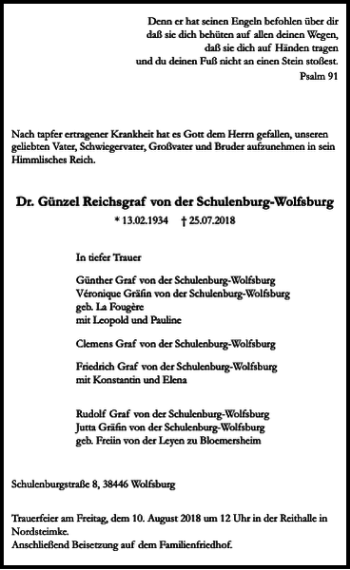 Traueranzeige von Dr. Günzel Reichsgraf von der Schulenburg-Wolfsburg  von Braunschweiger Zeitung