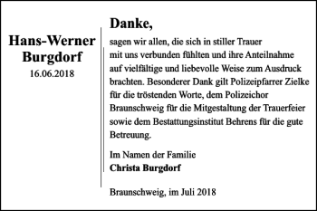 Traueranzeige von Hans-Werner Burgdorf von Braunschweiger Zeitung