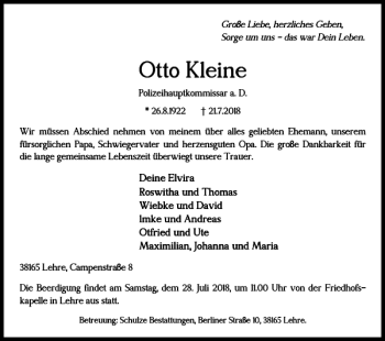 Traueranzeige von Otto Kleine von Helmstedter Nachrichten