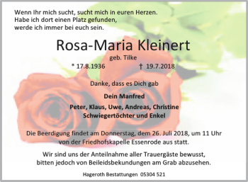 Traueranzeige von Rosa-Maria Kleinert von Helmstedter Nachrichten