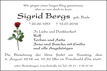 Traueranzeige von Sigrid Bergs von Braunschweiger Zeitung