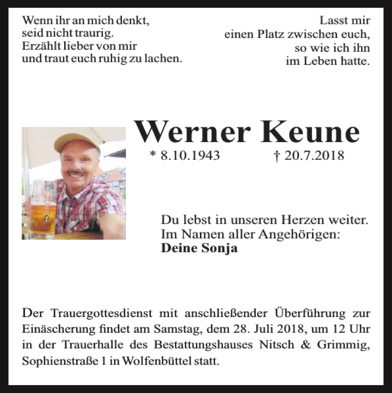  Traueranzeige für Werner Keune vom 26.07.2018 aus Wolfenbütteler Zeitung