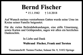 Traueranzeige von Bernd Fischer von Wolfsburger Nachrichten