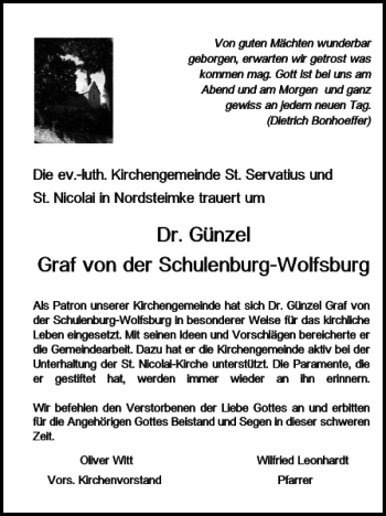 Traueranzeige von Dr. Günzel Graf von der Schulenburg-Wolfsburg  von Wolfsburger Nachrichten