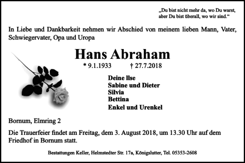  Traueranzeige für Hans Abraham vom 01.08.2018 aus Helmstedter Nachrichten