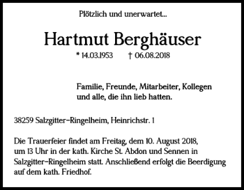 Traueranzeige von Hartmut Berghäuser von Salzgitter Zeitung