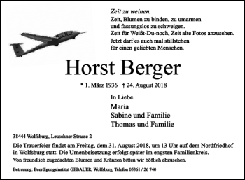 Traueranzeige von Horst Berger von Wolfsburger Nachrichten