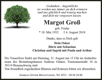 Traueranzeige von Margot Groß von Braunschweiger Zeitung