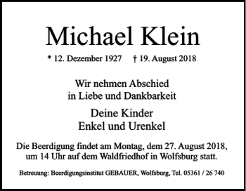 Traueranzeige von Michael Klein von Wolfsburger Nachrichten