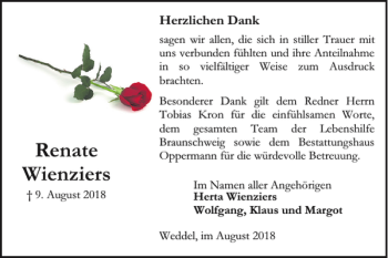 Traueranzeige von Renate Wienziers von Braunschweiger Zeitung