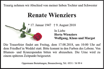 Traueranzeige von Renate Wienziers von Braunschweiger Zeitung