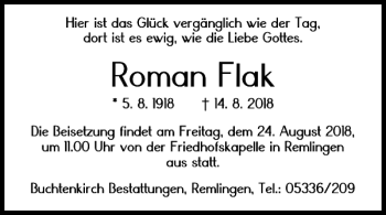 Traueranzeige von Roman Flak von Wolfenbütteler Zeitung