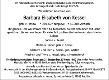 Traueranzeige von Barbara Elisabeth von Kessel von Wolfenbütteler Zeitung