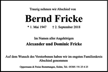 Traueranzeige von Bernd Fricke von Wolfsburger Nachrichten