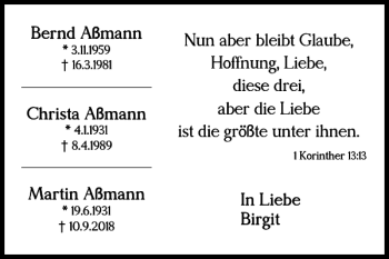 Traueranzeige von Bernd Aßmann Christa Aßmann Martin Aßmann Birgit  von Braunschweiger Zeitung