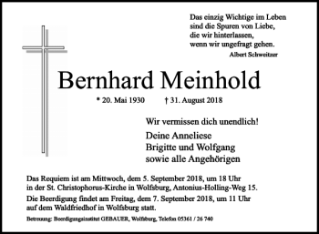 Traueranzeige von Bernhard Meinhold von Wolfsburger Nachrichten