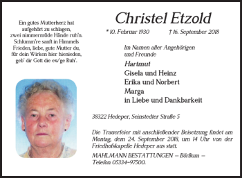 Traueranzeige von Christel Etzold von Braunschweiger Zeitung