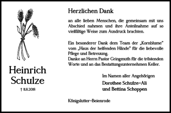 Traueranzeigen von Heinrich Schulze | trauer38.de