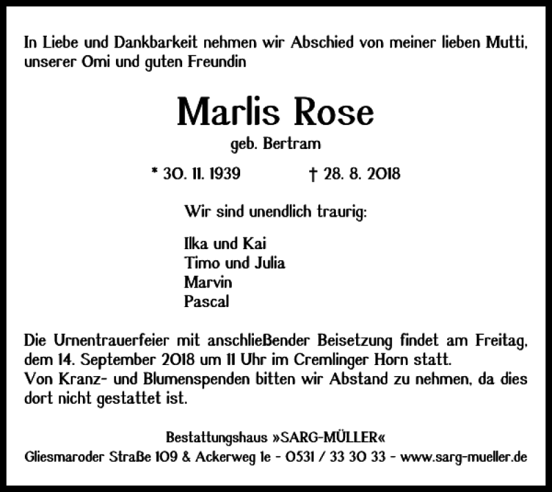 Traueranzeigen Von Marlis Rose | Trauer38.de