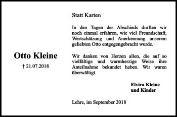 Traueranzeige von Otto Kleine von Helmstedter Nachrichten