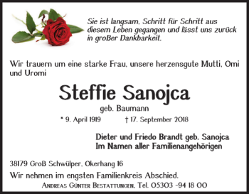 Traueranzeige von Steffie Sanojca von Braunschweiger Zeitung