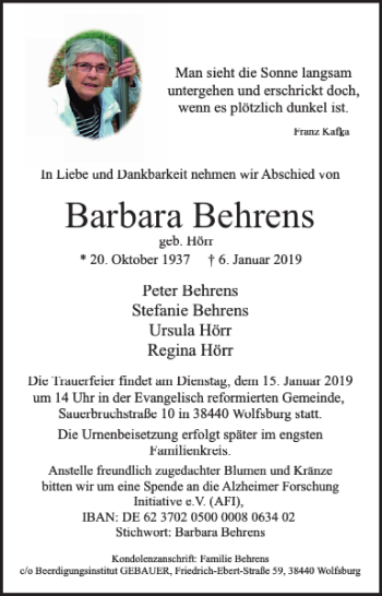 Traueranzeige von Barbara Behrens von Wolfsburger Nachrichten