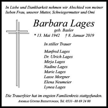 Traueranzeige von Barbara Lages von Braunschweiger Zeitung