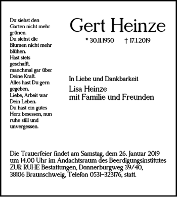 Traueranzeige von Gert Heinze von Braunschweiger Zeitung