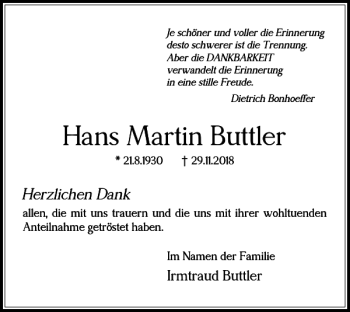 Traueranzeige von Hans Martin Buttler von Wolfenbütteler Zeitung