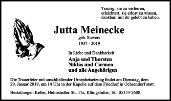 Traueranzeige von Jutta Meinecke von Helmstedter Nachrichten