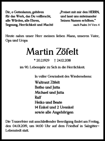 Traueranzeige von Martin Zöfelt von Salzgitter Zeitung