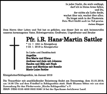 Traueranzeige von Pfr. i. R. Hans-Martin Sattler von Helmstedter Nachrichten