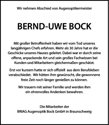 Traueranzeige von BERND-UWE BOCK von Braunschweiger Zeitung