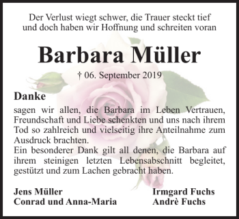 Traueranzeige von Barbara Müller von Wolfsburger Nachrichten