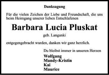 Traueranzeige von Barbara Lucia Pluskat von Salzgitter Zeitung