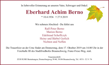 Traueranzeige von Eberhard Achim Berno von Braunschweiger Zeitung