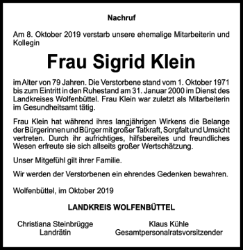 Traueranzeige von Frau Sigrid Klein von Wolfenbütteler Zeitung