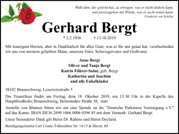 Traueranzeige von Gerhard Bergt von Braunschweiger Zeitung