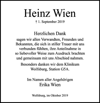 Traueranzeige von Heinz Wien von Wolfsburger Nachrichten